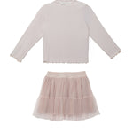 The Isobella and Chloe Ballerina Two Piece Set includes a pastel long-sleeve ribbed top with a ruffled collar and a light pink tiered tulle skirt—perfect for your child.