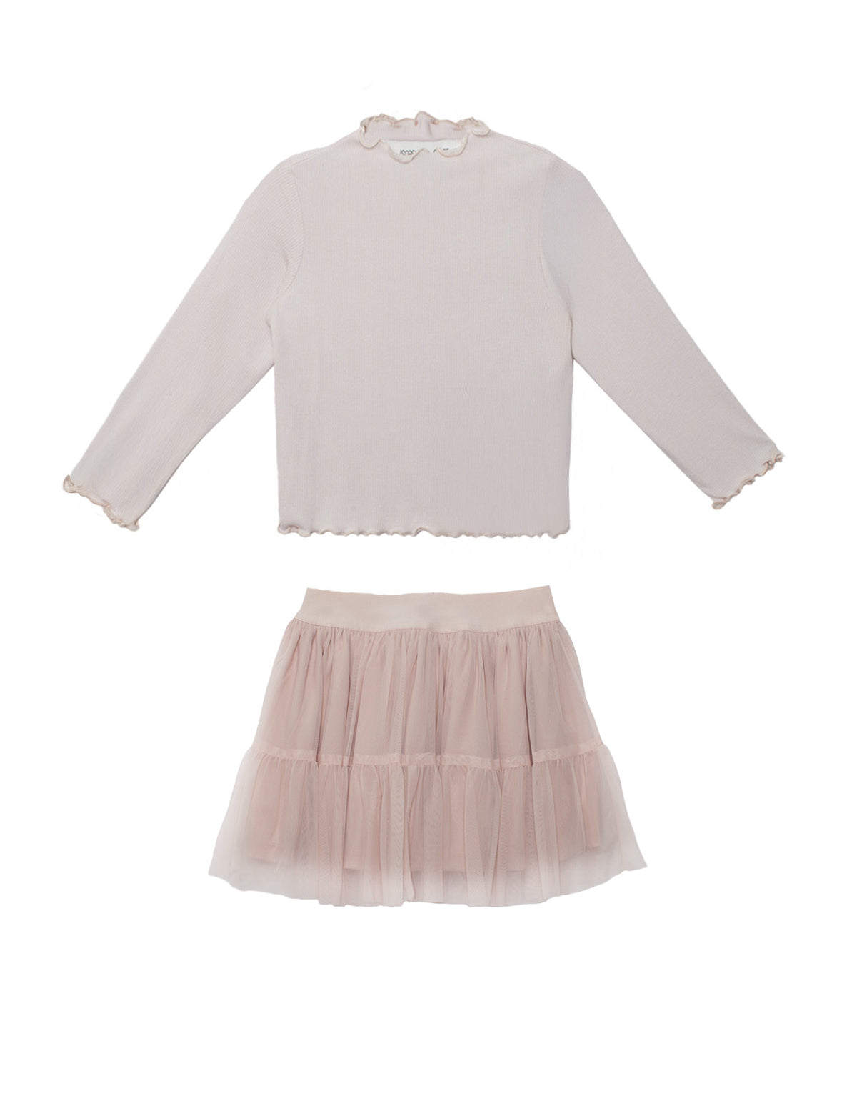 The Isobella and Chloe Ballerina Two Piece Set includes a pastel long-sleeve ribbed top with a ruffled collar and a light pink tiered tulle skirt—perfect for your child.