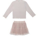 The Isobella and Chloe Ballerina Two Piece Set includes a pastel long-sleeve ribbed top with a ruffled collar and a light pink tiered tulle skirt—perfect for your child.