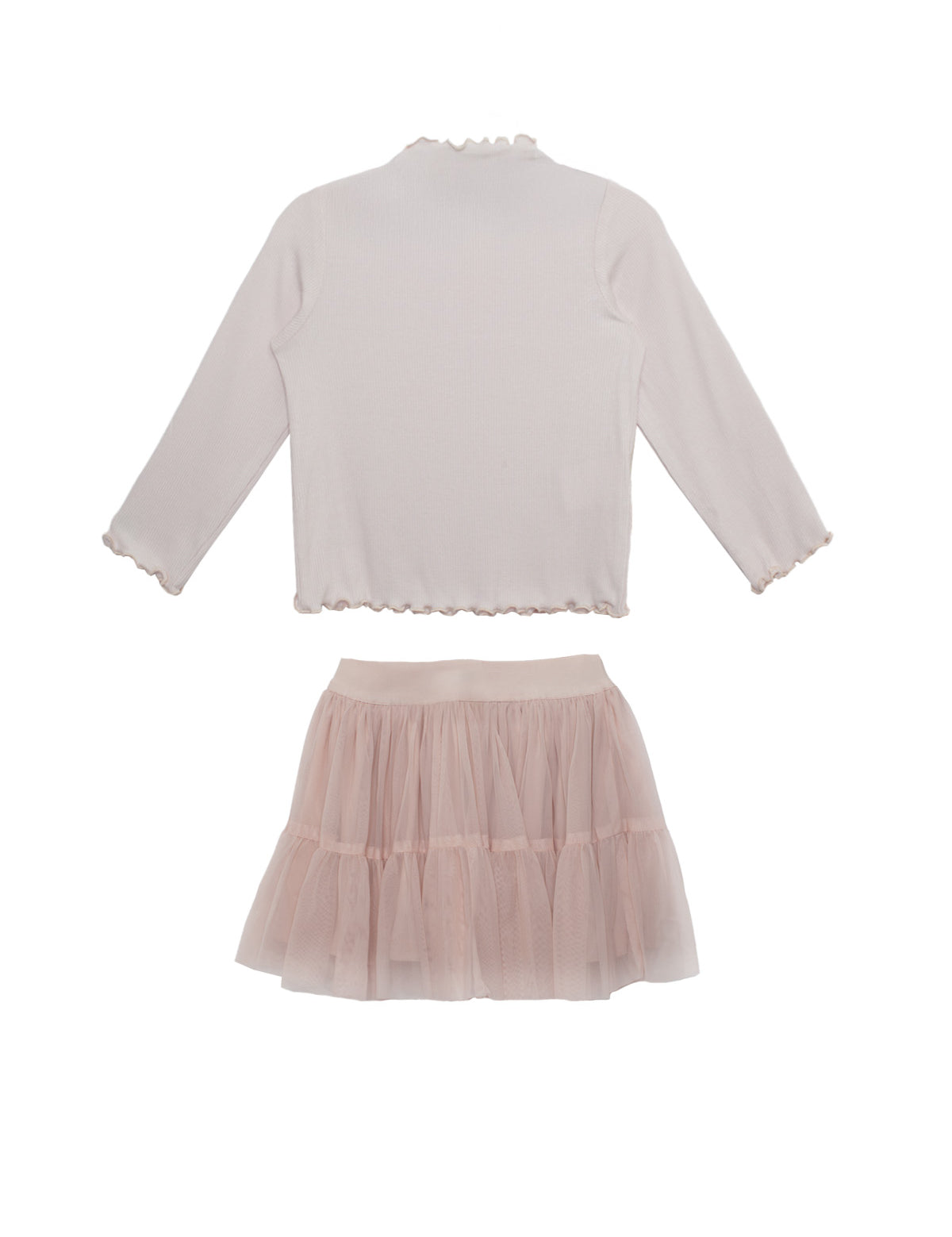 The Isobella and Chloe Ballerina Two Piece Set features a light pink long-sleeve top with ruffled edges and a matching layered tulle skirt, both displayed flat on a white background.
