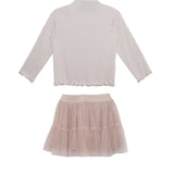 The Isobella and Chloe Ballerina Two Piece Set features a light pink long-sleeve top with ruffled edges and a matching layered tulle skirt, both displayed flat on a white background.