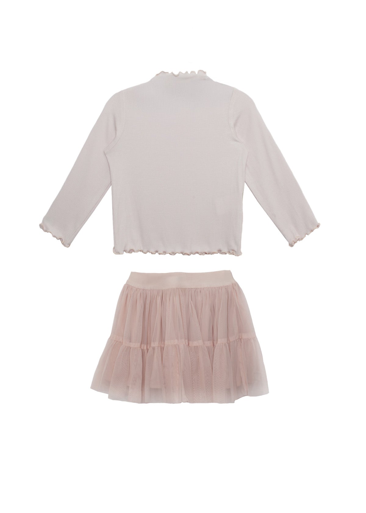 The Isobella and Chloe Ballerina Two Piece Set features a light pink long-sleeve top with ruffled edges and a matching layered tulle skirt, both displayed flat on a white background.