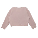 The Isobella and Chloe Ballerina Sweater in light pink features long sleeves, a waffle-knit texture, and delicate scalloped hem and cuffs, shown laid flat with the back side up.