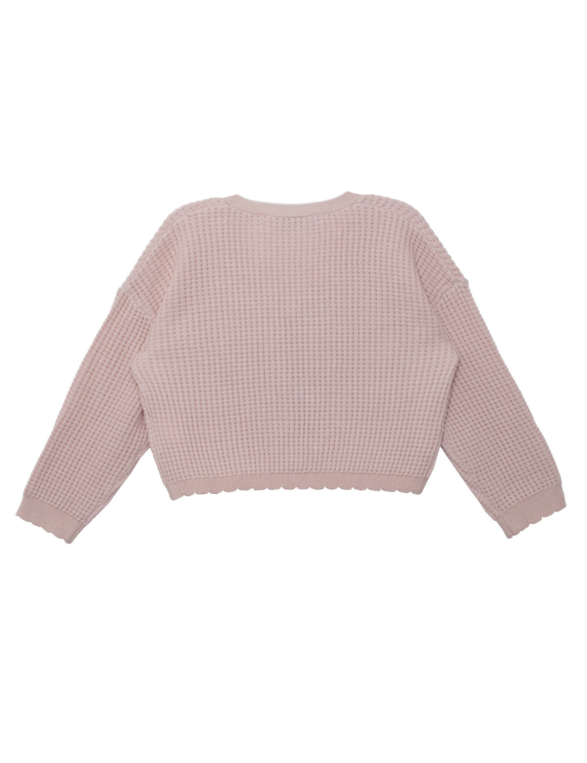 The Isobella and Chloe Ballerina Sweater in light pink features long sleeves, a waffle-knit texture, and delicate scalloped hem and cuffs, shown laid flat with the back side up.