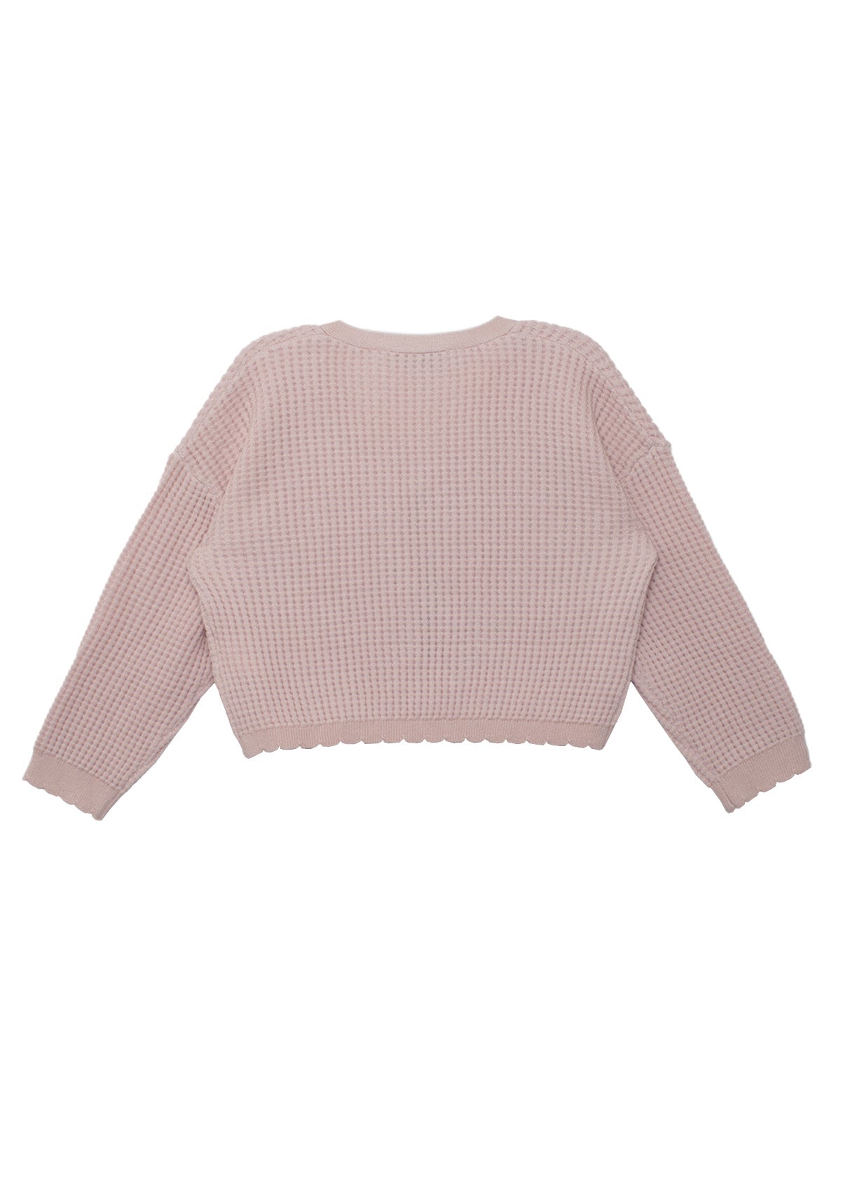 The Isobella and Chloe Ballerina Sweater in light pink features long sleeves, a waffle-knit texture, and delicate scalloped hem and cuffs, shown laid flat with the back side up.