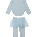 The Isobella and Chloe "Tutu in the Clouds" Two Piece Pant Set for girls features a light blue top with ruffled shoulders and matching leggings with an attached tulle skirt overlay, shown on a white background.