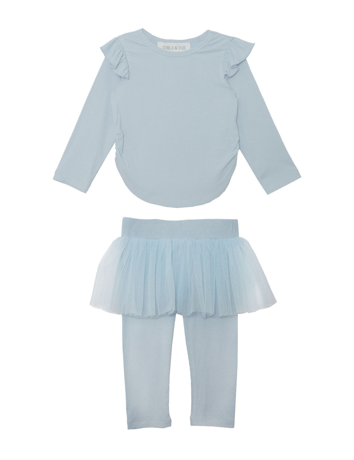 The Isobella and Chloe "Tutu in the Clouds" Two Piece Pant Set for girls features a light blue top with ruffled shoulders and matching leggings with an attached tulle skirt overlay, shown on a white background.