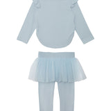 The Isobella and Chloe "Tutu in the Clouds" Two Piece Pant Set for girls features a light blue top with ruffled shoulders and matching leggings with an attached tulle skirt overlay, shown on a white background.
