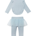 The Isobella and Chloe Tutu in the Clouds Two Piece Pant Set features a light blue long-sleeve top with ruffled shoulders and matching leggings, finished with a blue tulle skirt overlay, displayed on a white background.