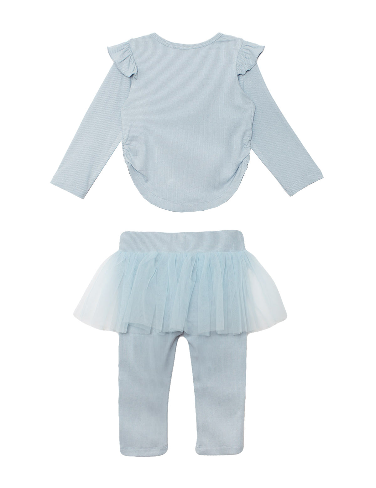 The Isobella and Chloe Tutu in the Clouds Two Piece Pant Set features a light blue long-sleeve top with ruffled shoulders and matching leggings, finished with a blue tulle skirt overlay, displayed on a white background.