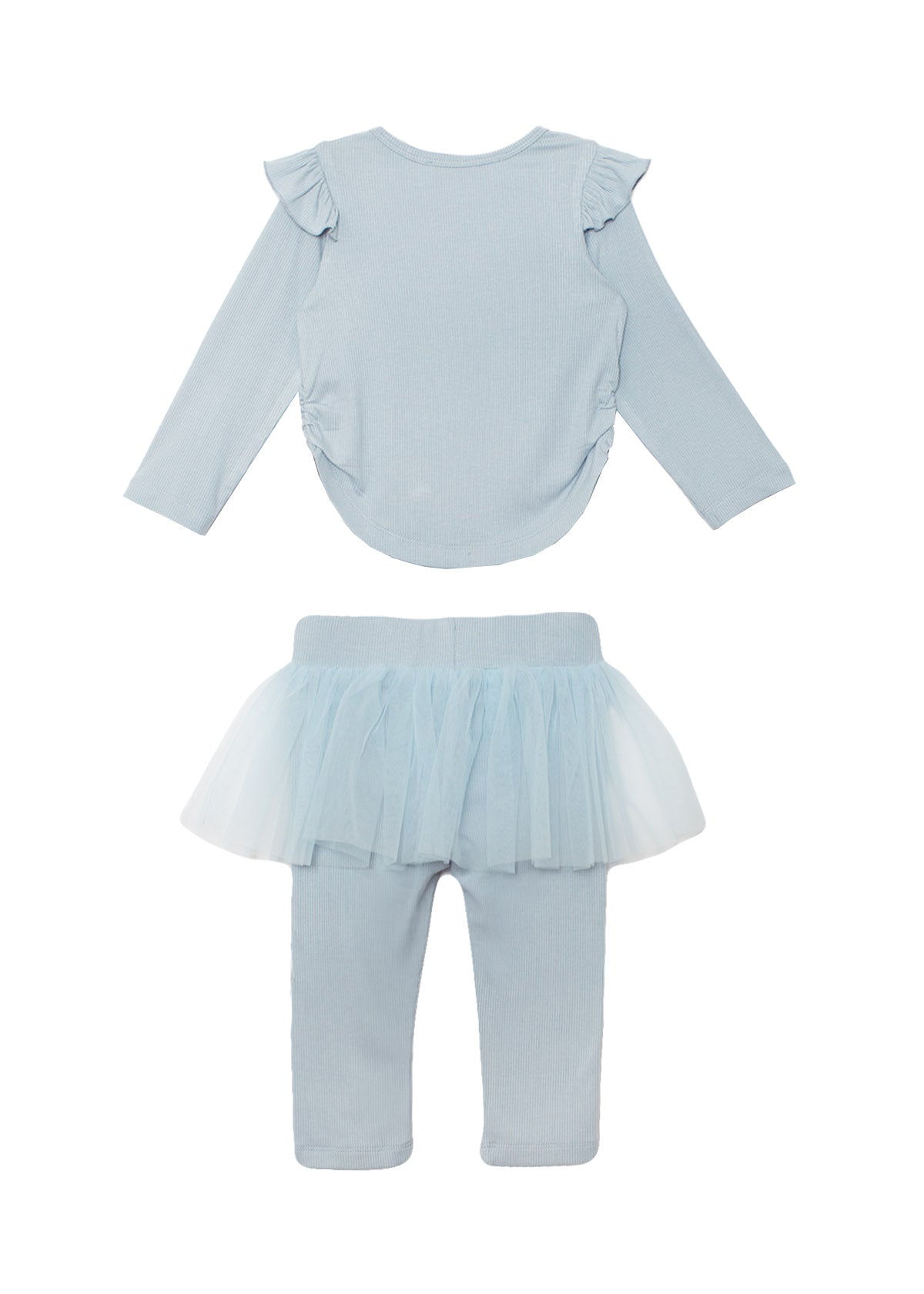 The Isobella and Chloe Tutu in the Clouds Two Piece Pant Set features a light blue long-sleeve top with ruffled shoulders and matching leggings, finished with a blue tulle skirt overlay, displayed on a white background.