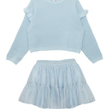 The Tutu in the Clouds Two Piece Set by Isobella and Chloe features a light blue waffle-knit top with ruffle sleeves and a tiered flared skirt, displayed flat on a white background.
