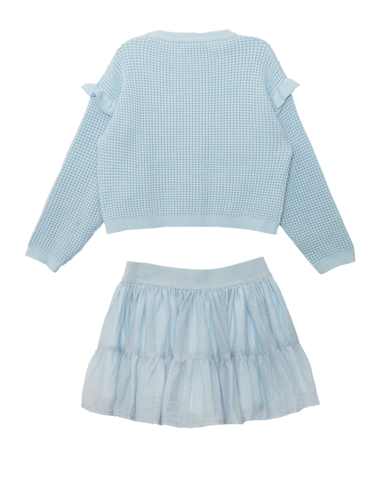 The Isobella and Chloe "Tutu in the Clouds Two Piece Set" features a light blue waffle-knit long sleeve top with ruffled shoulders and a tiered flowy skirt, both laid flat on a white background.