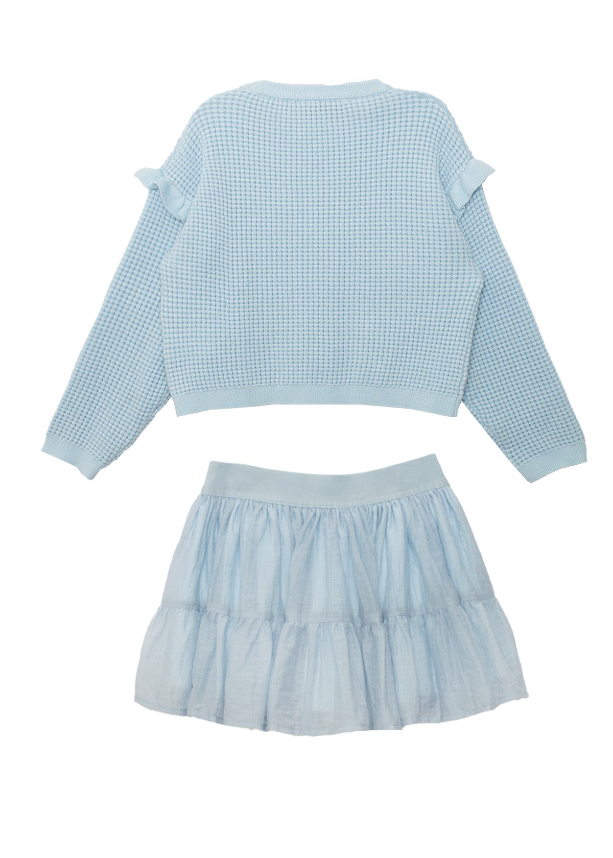 The Isobella and Chloe "Tutu in the Clouds Two Piece Set" features a light blue waffle-knit long sleeve top with ruffled shoulders and a tiered flowy skirt, both laid flat on a white background.