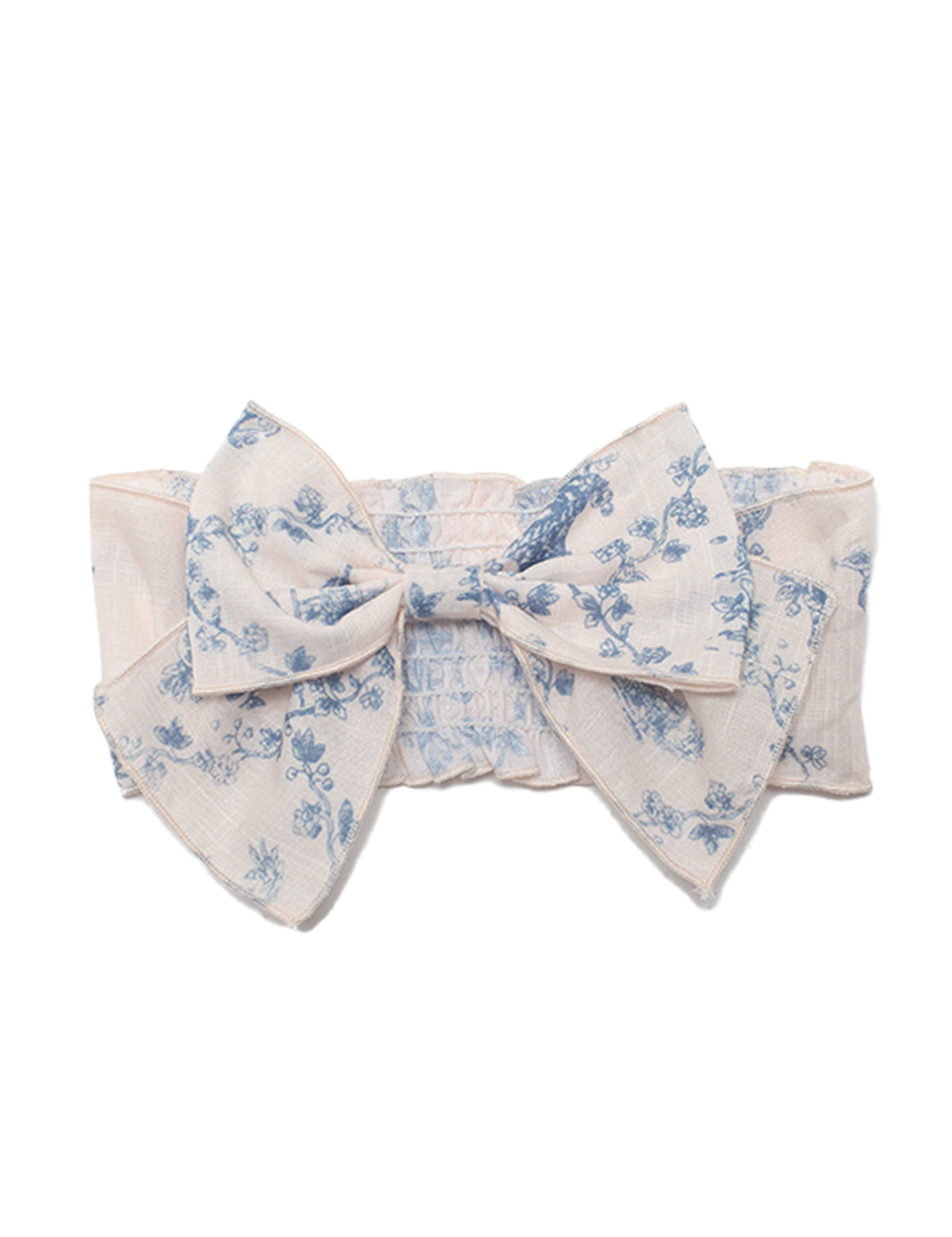The Isobella and Chloe Princess Hair Accessory is a wide cream headband with a textured, gathered design and a large blue floral bow, adding elegant charm to any girls outfit.