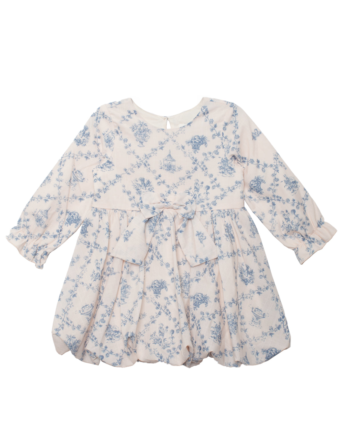The Mabel and Honey Princess Dress is a charming long-sleeved child's dress with a blue toile floral pattern, ruffled skirt, scalloped hem, and matching waist bow—perfect for special occasions.