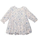 The Mabel and Honey Princess Dress is a long-sleeved white baby dress with a blue toile floral pattern, round neckline, gathered skirt, loose fit, and back button—perfect for special occasions.