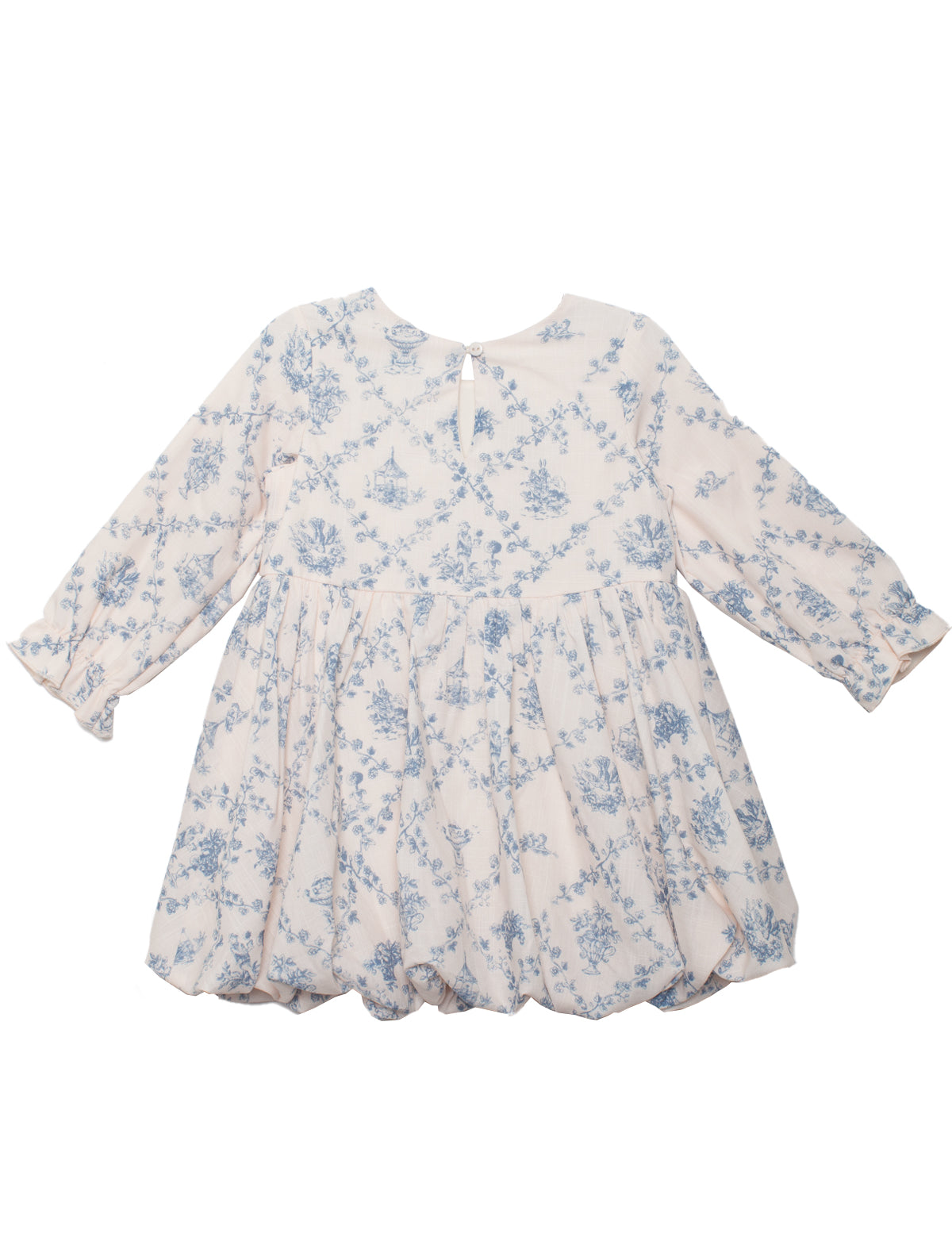 The Mabel and Honey Princess Dress is a long-sleeved white baby dress with a blue toile floral pattern, round neckline, gathered skirt, loose fit, and back button—perfect for special occasions.