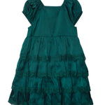 The Isobella and Chloe Mistletoe Emerald Green Tiered Dress features short sleeves, a square neckline, lace-trimmed ruffled tiers, and is shown on a white background.
