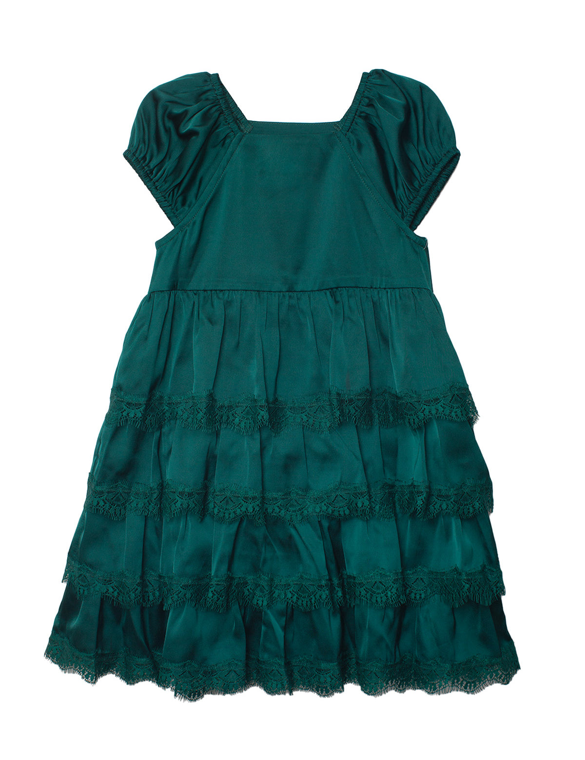 The Isobella and Chloe Mistletoe Emerald Green Tiered Dress features short sleeves, a square neckline, lace-trimmed ruffled tiers, and is shown on a white background.