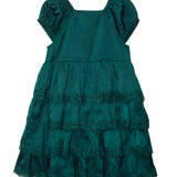 The Isobella and Chloe Mistletoe Emerald Green Tiered Dress features short sleeves, a square neckline, lace-trimmed ruffled tiers, and is shown on a white background.