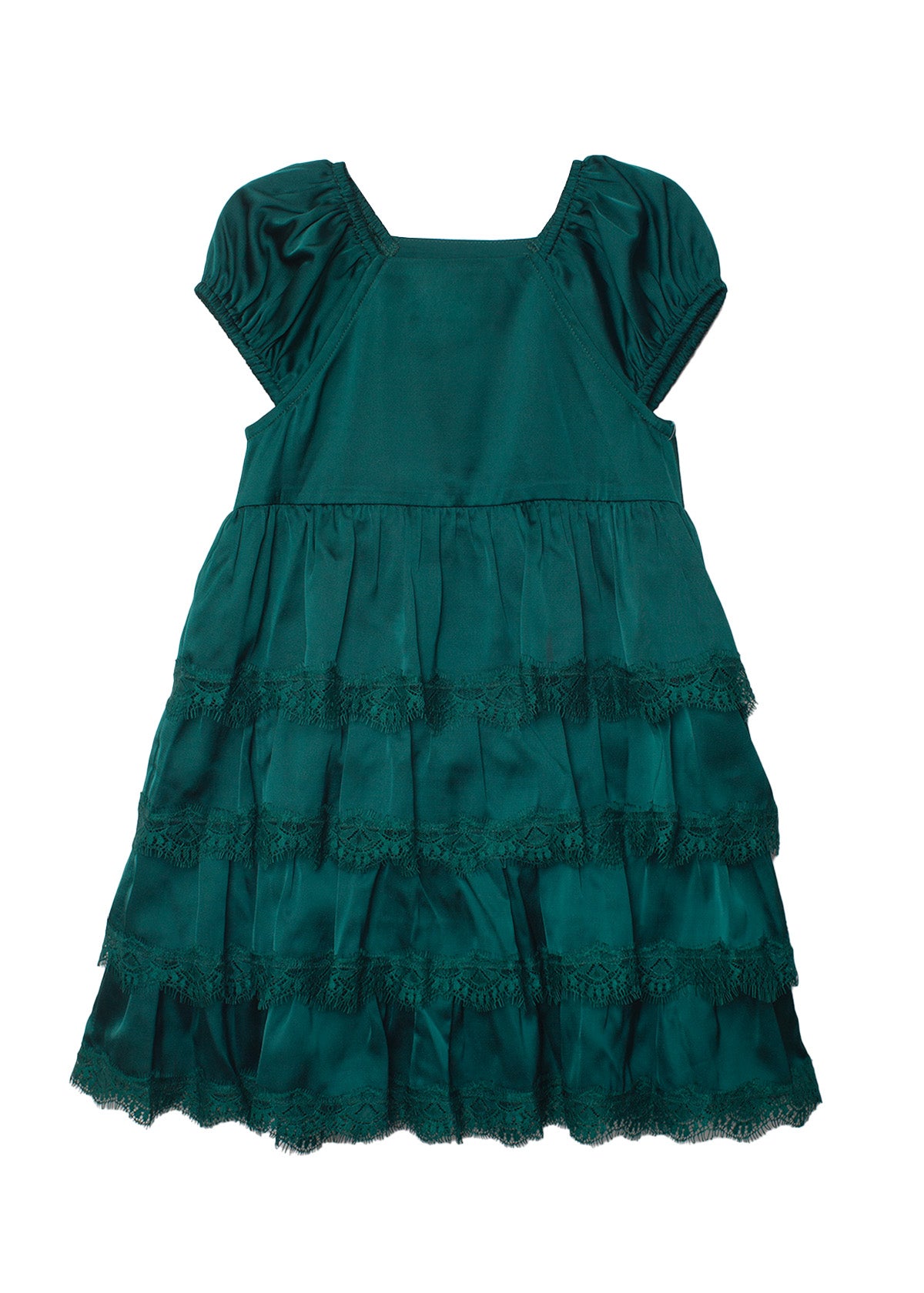 The Isobella and Chloe Mistletoe Emerald Green Tiered Dress features short sleeves, a square neckline, lace-trimmed ruffled tiers, and is shown on a white background.