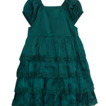 The Isobella and Chloe Mistletoe Emerald Green Tiered Dress for children features puffed sleeves, three lace-trimmed ruffled tiers, and a dark green knee-length design, shown flat on a white background.