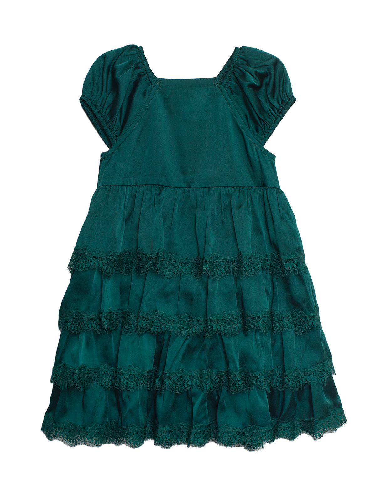 The Isobella and Chloe Mistletoe Emerald Green Tiered Dress for children features puffed sleeves, three lace-trimmed ruffled tiers, and a dark green knee-length design, shown flat on a white background.