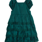 The Isobella and Chloe Mistletoe Emerald Green Tiered Dress for children features puffed sleeves, three lace-trimmed ruffled tiers, and a dark green knee-length design, shown flat on a white background.