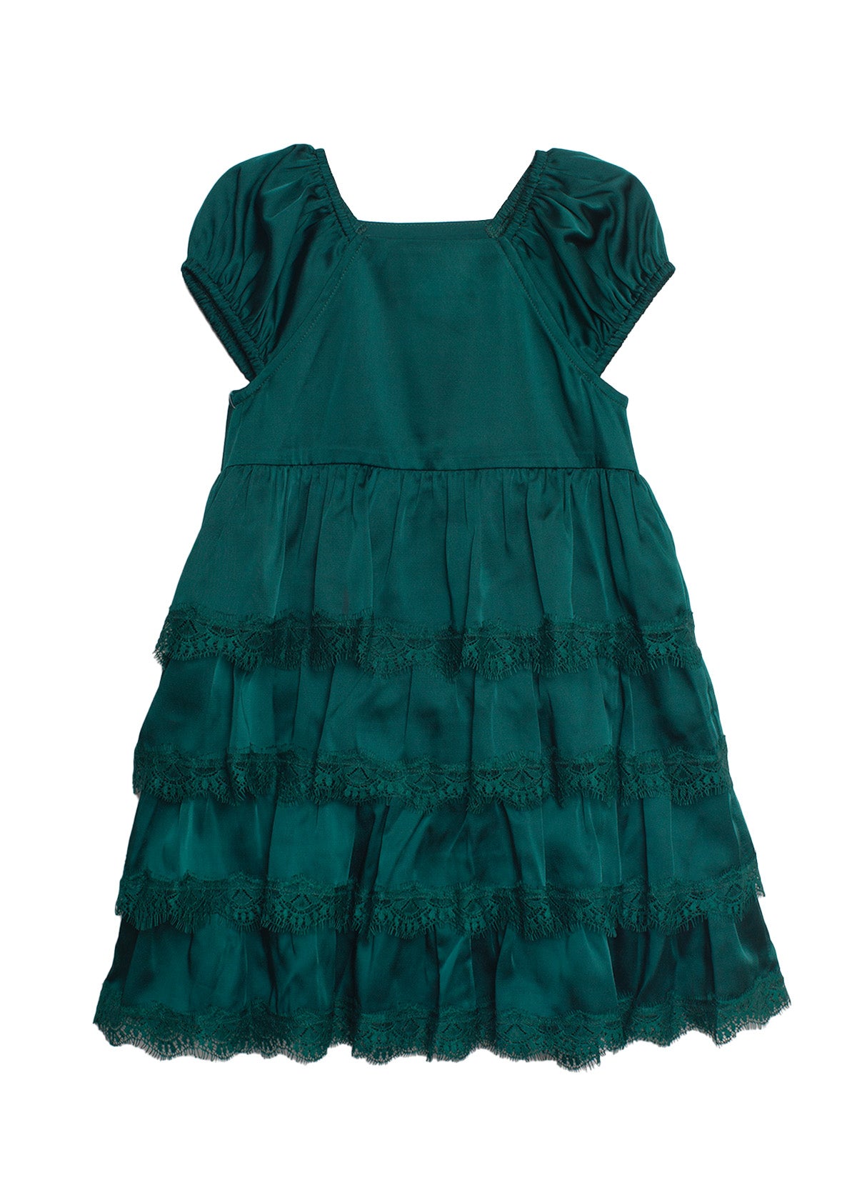 The Isobella and Chloe Mistletoe Emerald Green Tiered Dress for children features puffed sleeves, three lace-trimmed ruffled tiers, and a dark green knee-length design, shown flat on a white background.