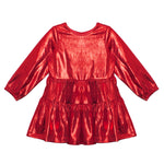 The Isobella and Chloe Ruby Red Tiered Dress is a shiny, metallic red party dress for kids with long sleeves, a tiered flared skirt, and a round neckline—perfect for festive occasions.
