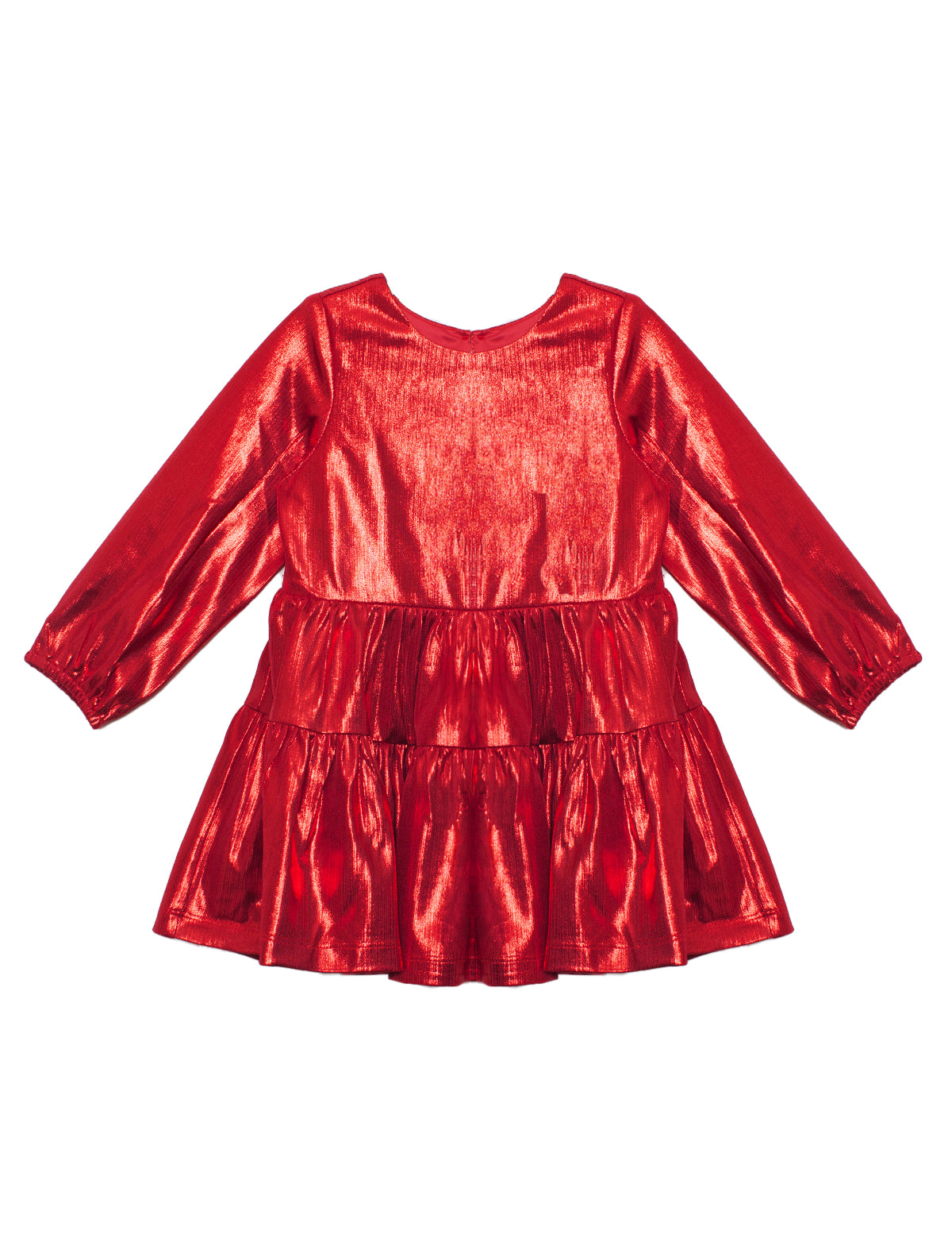 The Isobella and Chloe Ruby Red Tiered Dress is a shiny, metallic red party dress for kids with long sleeves, a tiered flared skirt, and a round neckline—perfect for festive occasions.