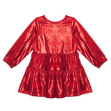 The Isobella and Chloe Ruby Red Tiered Dress is a shiny, metallic red party dress for kids with long sleeves, a tiered flared skirt, and a round neckline—perfect for festive occasions.
