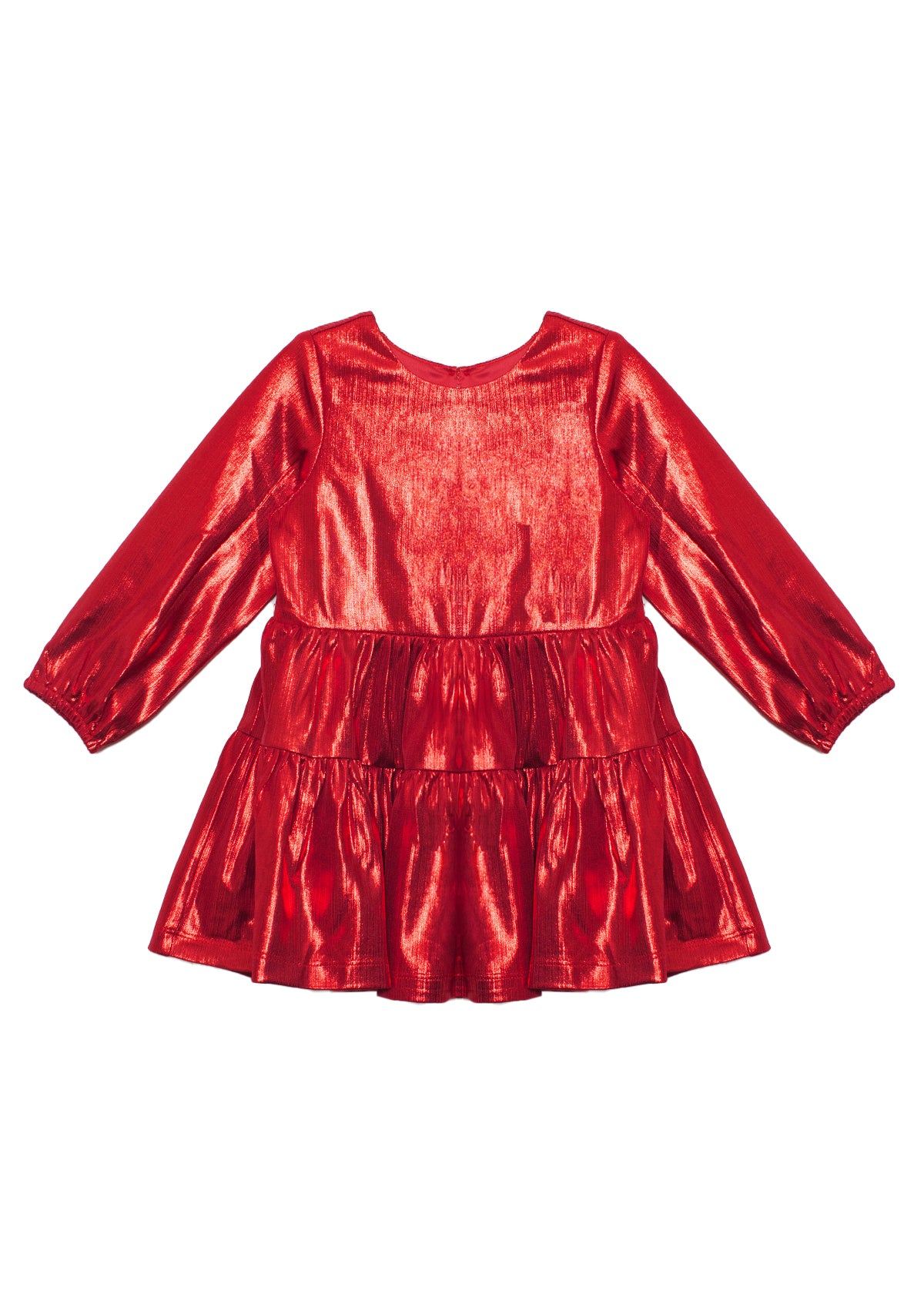 The Isobella and Chloe Ruby Red Tiered Dress is a shiny, metallic red party dress for kids with long sleeves, a tiered flared skirt, and a round neckline—perfect for festive occasions.