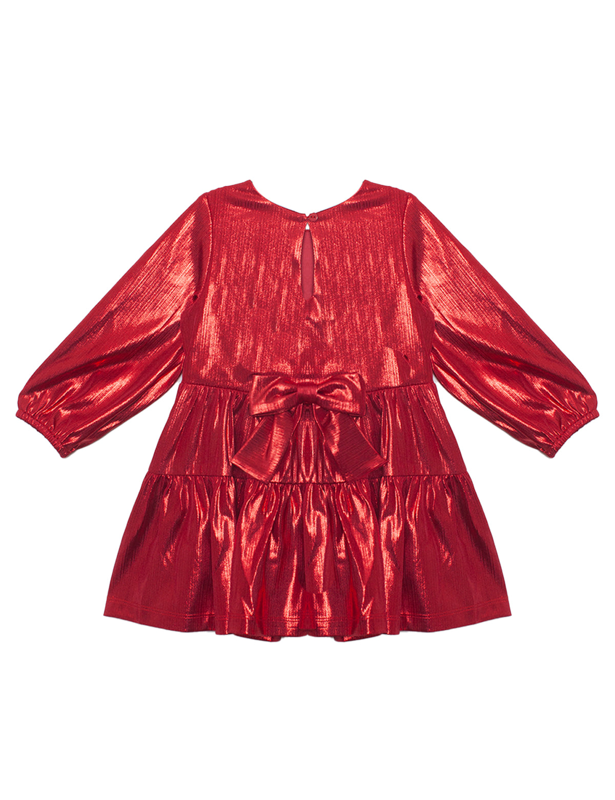 The Isobella and Chloe Ruby Red Tiered Dress for kids features long sleeves, a round neckline, tiered ruffled skirt, large back waist bow, metallic finish, and a keyhole button closure at the back.