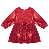 The Isobella and Chloe Ruby Red Tiered Dress for kids features long sleeves, a round neckline, tiered ruffled skirt, large back waist bow, metallic finish, and a keyhole button closure at the back.