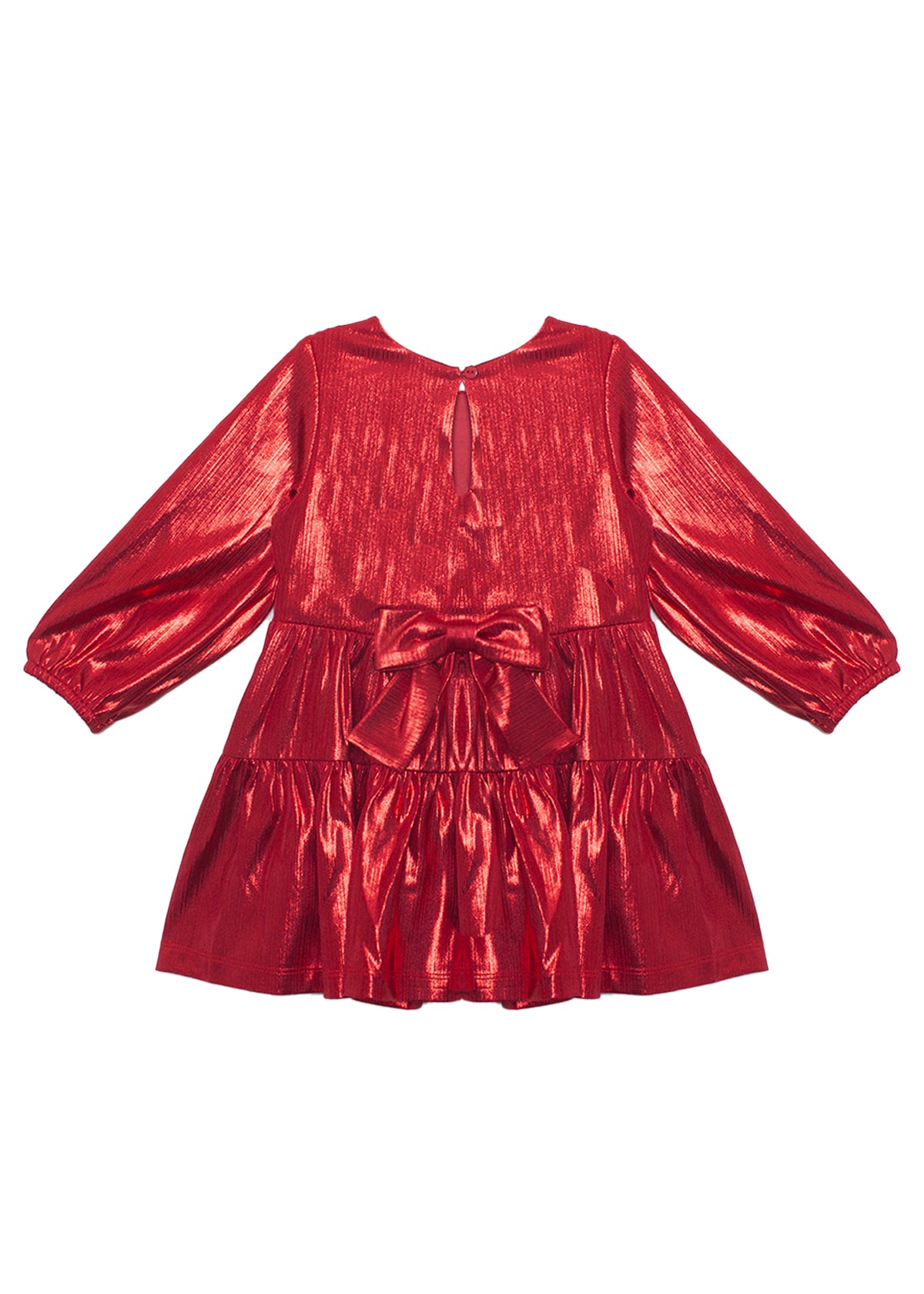 The Isobella and Chloe Ruby Red Tiered Dress for kids features long sleeves, a round neckline, tiered ruffled skirt, large back waist bow, metallic finish, and a keyhole button closure at the back.