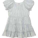 The Sparkle and Spin Silver Dress by Isobella and Chloe features shiny silver fabric, short sleeves, a pleated texture, a ruffled tiered skirt, and a loose, flowy fit—ideal as a party dress that shimmers.