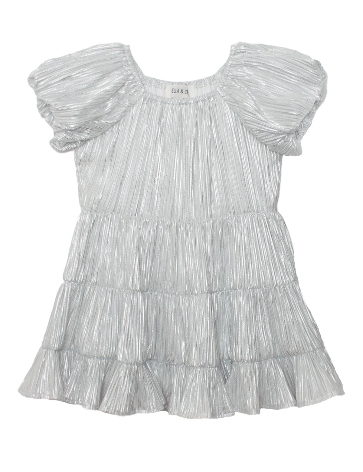 The Sparkle and Spin Silver Dress by Isobella and Chloe features shiny silver fabric, short sleeves, a pleated texture, a ruffled tiered skirt, and a loose, flowy fit—ideal as a party dress that shimmers.