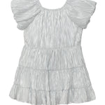 The Isobella and Chloe Sparkle and Spin Silver Dress is a short, metallic party dress with flutter sleeves, a tiered pleated design, shiny textured fabric, and a loose silhouette ideal for festive occasions.