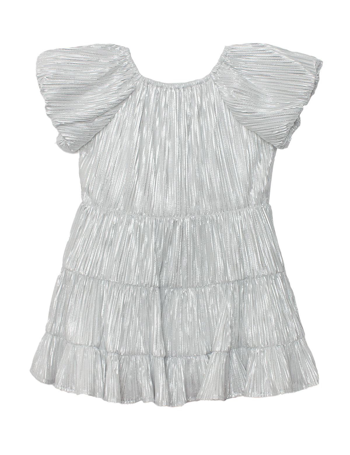 The Isobella and Chloe Sparkle and Spin Silver Dress is a short, metallic party dress with flutter sleeves, a tiered pleated design, shiny textured fabric, and a loose silhouette ideal for festive occasions.