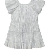 The Isobella and Chloe Sparkle and Spin Silver Dress is a short, metallic party dress with flutter sleeves, a tiered pleated design, shiny textured fabric, and a loose silhouette ideal for festive occasions.