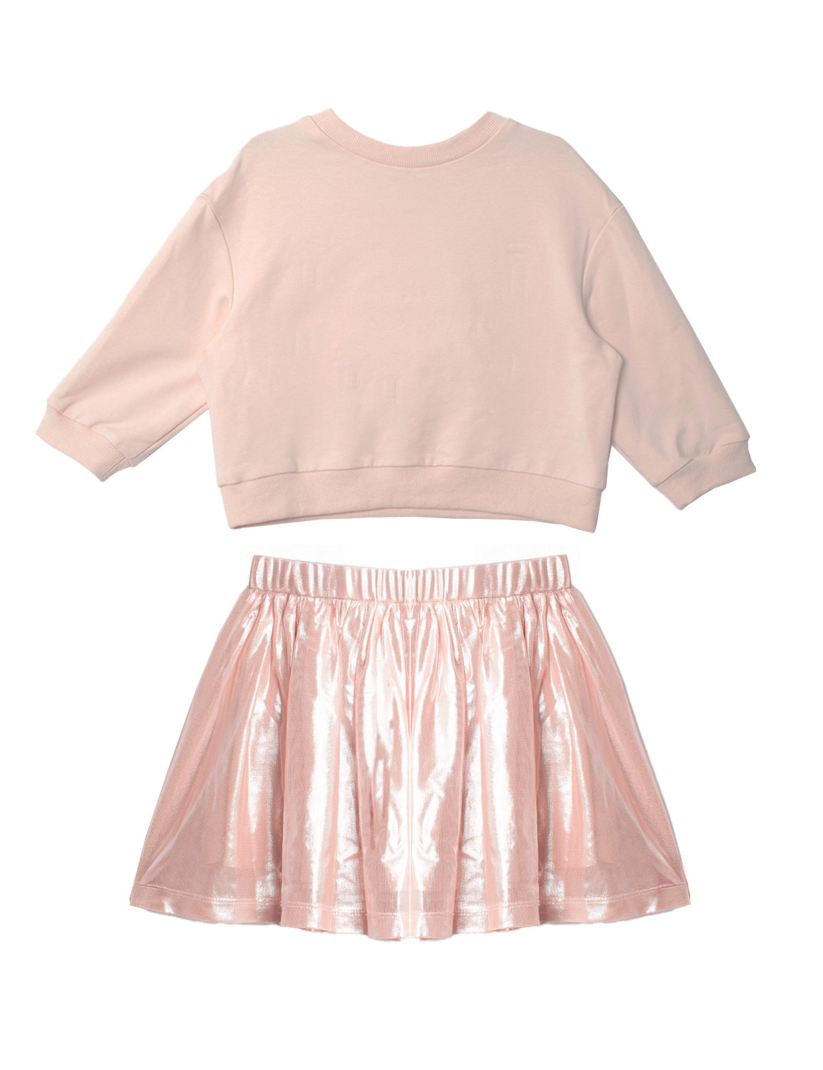 The Isobella and Chloe Sweet Cakes Two Piece Set features a light pink embroidered long sleeve top and a shiny metallic pink pleated skirt, creating an adorable girls' outfit displayed on a white background.