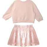 The Isobella and Chloe Sweet Cakes Two Piece Set features a light pink embroidered long sleeve top and a shiny metallic pink pleated skirt, creating an adorable girls' outfit displayed on a white background.