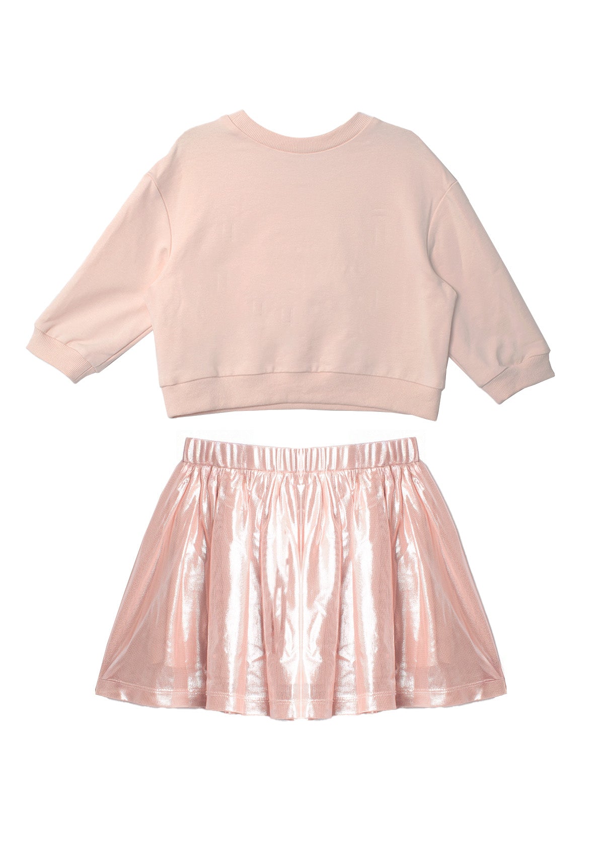 The Isobella and Chloe Sweet Cakes Two Piece Set features a light pink embroidered long sleeve top and a shiny metallic pink pleated skirt, creating an adorable girls' outfit displayed on a white background.