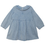 The Mabel and Honey Denim Days Long Sleeve Dress for children is a light blue A-line denim dress with long sleeves, ruffled collar, elastic cuffs, and a gathered waist with flared skirt, shown flat on a white background.