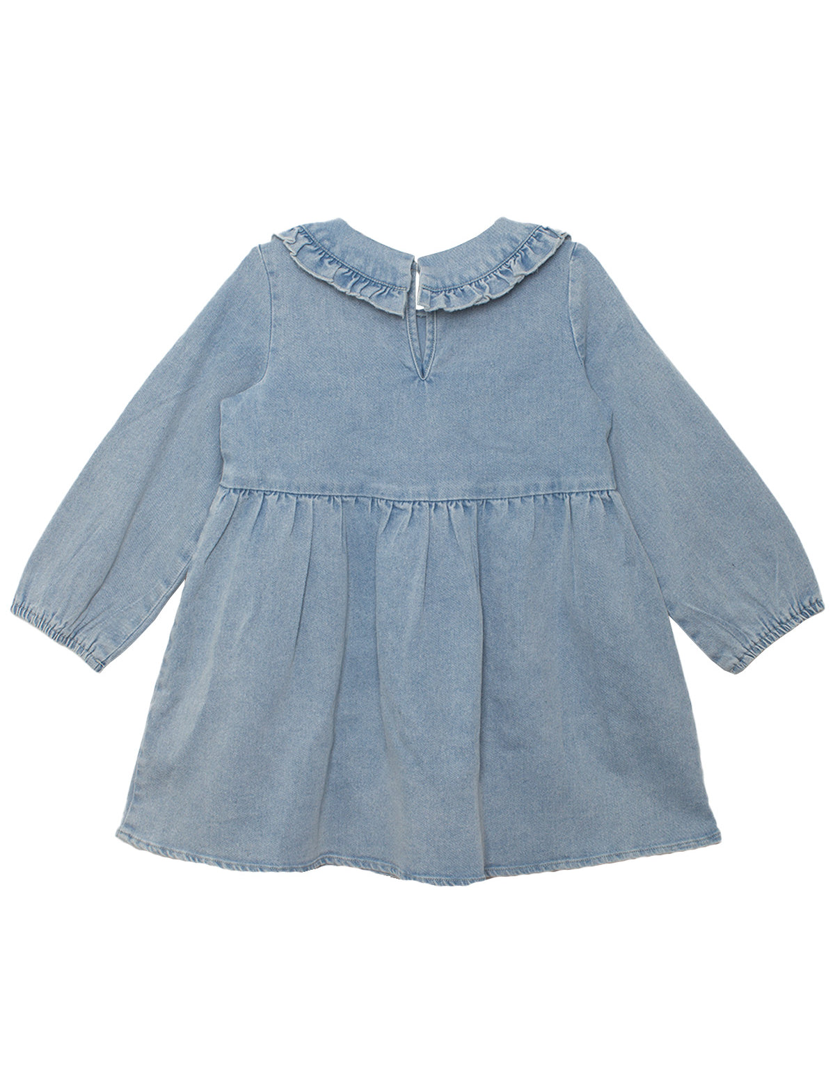 The Mabel and Honey Denim Days Long Sleeve Dress for children is a light blue A-line denim dress with long sleeves, ruffled collar, elastic cuffs, and a gathered waist with flared skirt, shown flat on a white background.