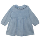 The Mabel and Honey Denim Days Long Sleeve Dress for children is a light blue A-line denim dress with long sleeves, ruffled collar, elastic cuffs, and a gathered waist with flared skirt, shown flat on a white background.
