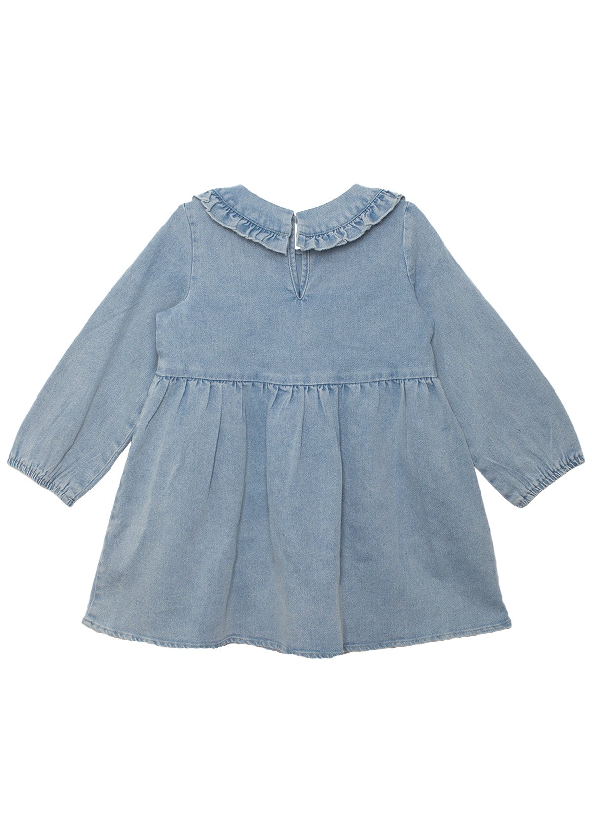 The Mabel and Honey Denim Days Long Sleeve Dress for children is a light blue A-line denim dress with long sleeves, ruffled collar, elastic cuffs, and a gathered waist with flared skirt, shown flat on a white background.