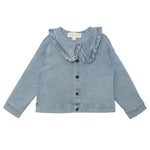 The Denim Days Ruffled Collar Jacket by Mabel and Honey features light blue denim, a wide ruffled collar, long sleeves, front buttons, and simple cuffs—perfect for a casual, slightly loose kids’ fit.